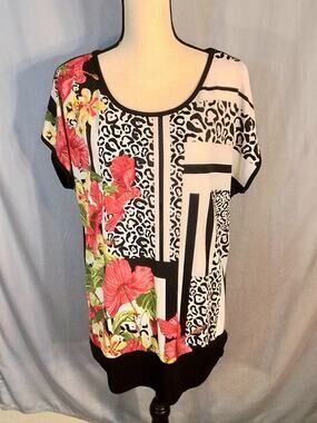 JM Collection; Top with black & white with pink and green floral design